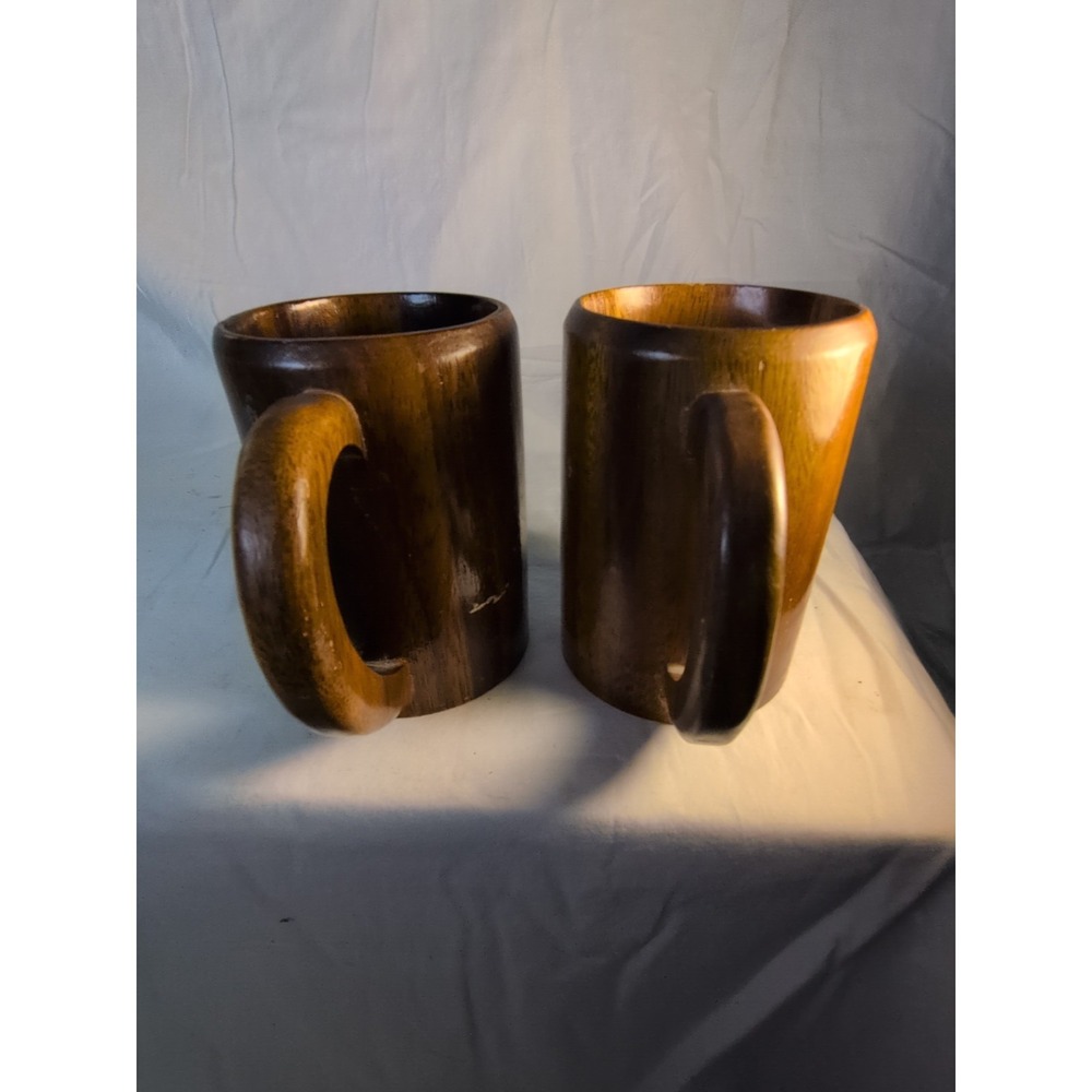 Vintage Hand Carved Wooden Pineapple Mugs Set of 2 Tropical Tiki Cups